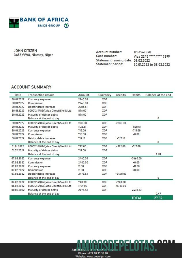 Niger Bank Of Africa modelo de extrato bancário
